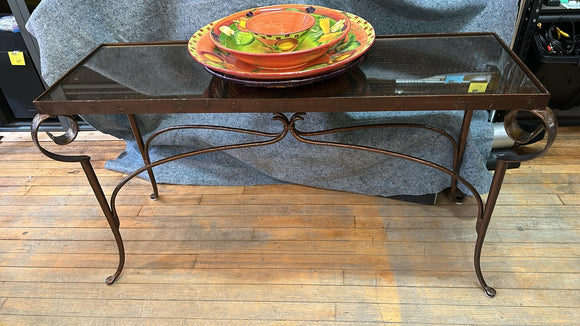 Steel, Wicker and Glass Console Table