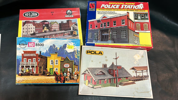 Various HO scale railroad model buildings.