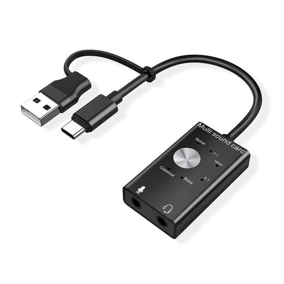 USB and Type-C to 3.5mm audio adapter. Plug and play with 6 sound effects